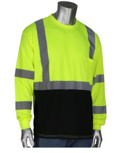 PIP 313-1390B ANSI Type R Class 3 Long Sleeve T-Shirt with 50+ UPF Sun Protection and Black Bottom Front